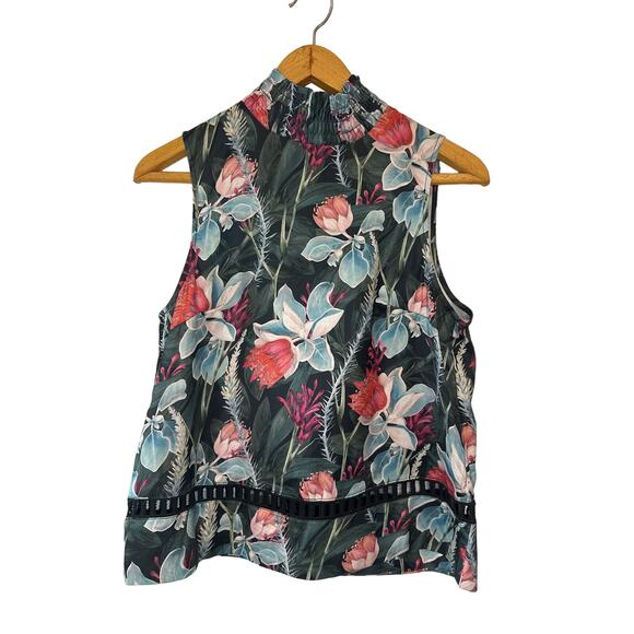 MinkPink Forest Green Satin Tank Blouse with Floral Print & High Neck Size Small - Picture 1 of 6